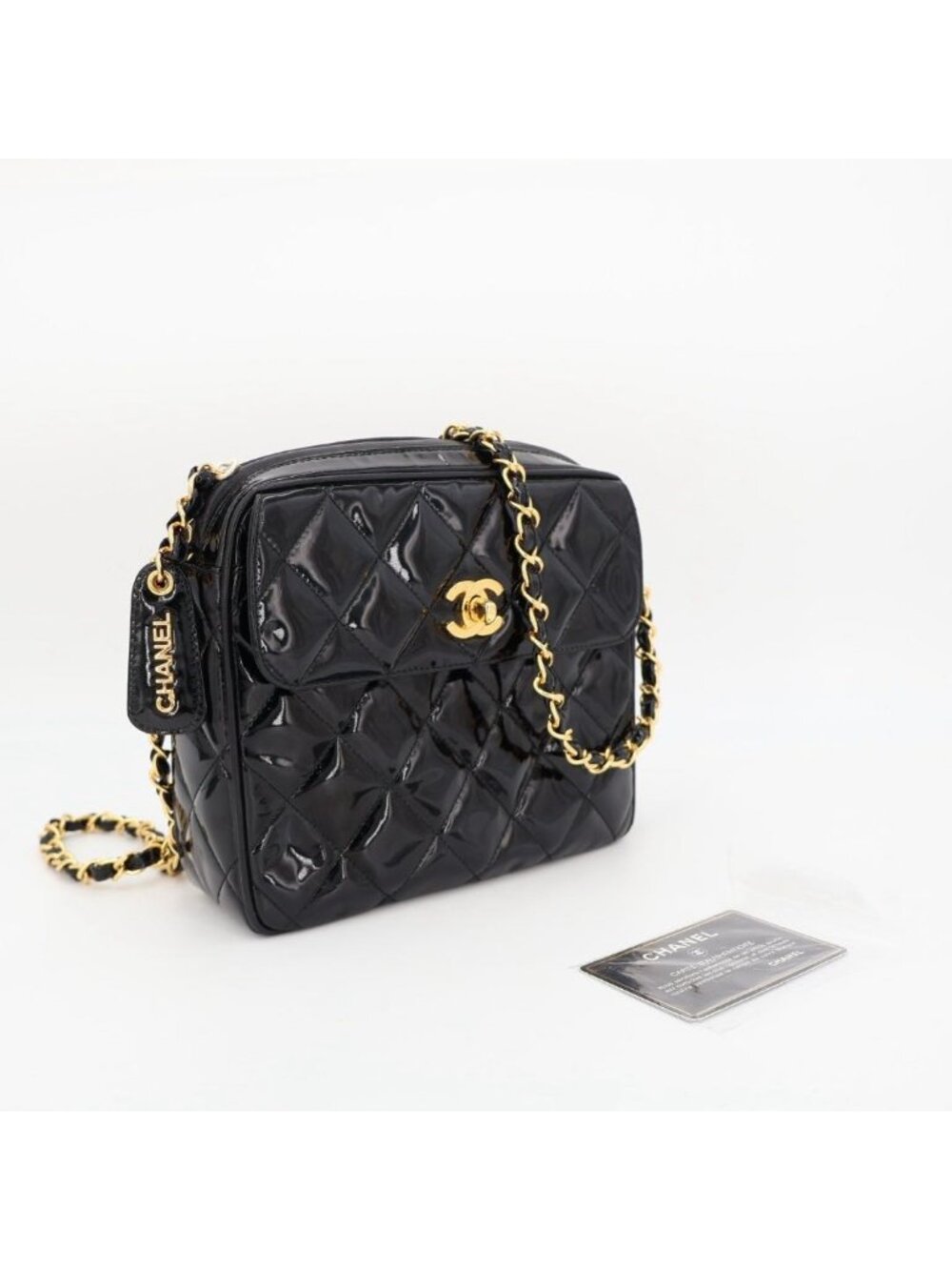 Chanel Chane Trasse Patent Leather Chain Shoulder Bag Black Gold
